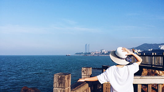 voyage, Xiamen, mer, Chine, romantique, femme, vue arrière
