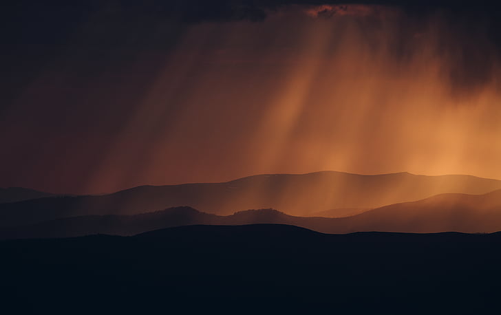silhouette, mountains, overlooking, rays, shining, cloudy, sky