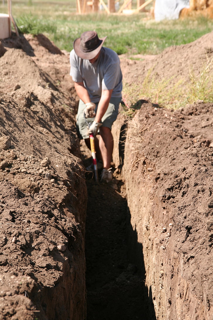 l'excavació, home, treball, treballant, aigües residuals, fontaneria, pala