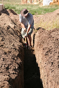 scavo, uomo, lavoro, lavoro, delle acque reflue, impianto idraulico, pala