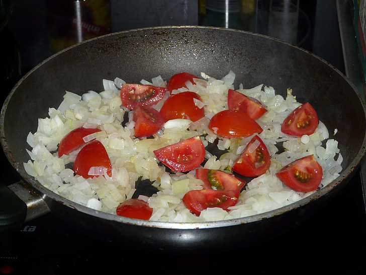sibul, tomat, Pan, Kärventää, hautis, süüa, toidu