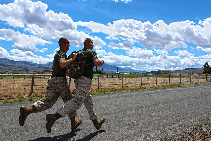 mænd, hær, uddannelse, kører, jogging, militære, teamwork
