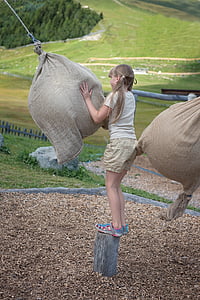 child, girl, out, leisure, play, sack game, skill game