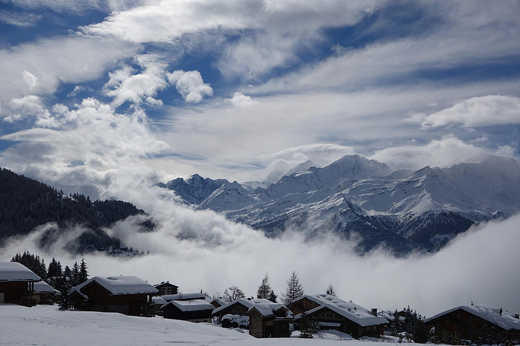 mountain, snow, clouds, high mountain, winter, landscape, snowy