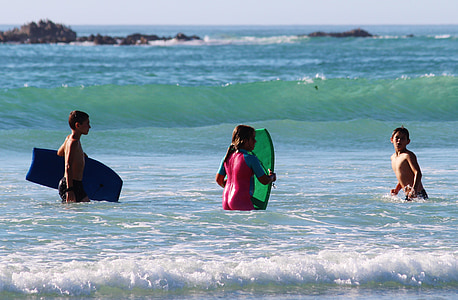 bambini, spiaggia, nuotare, Fare surf, tavola da surf, mare, Vacanze