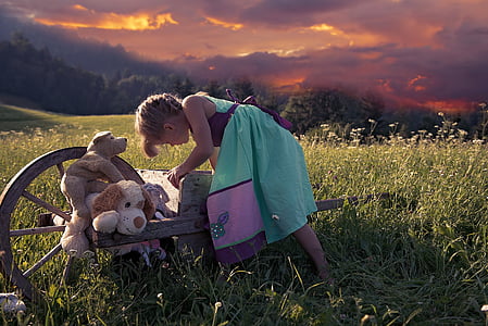 child, girl, out, nature, play, toys, stuffed animals