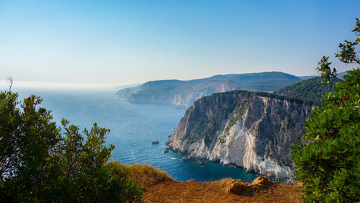 cliff, sea, rock, greece, coast, ocean, water