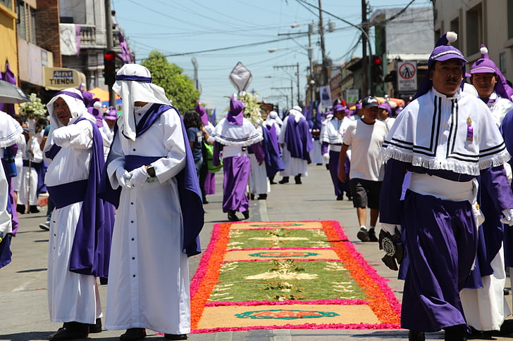 påske, Street, lilla, prosesjon, løperen, Guatemala, lidenskap