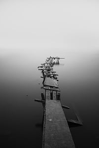 calm, dock, fog, jetty, mist, monochrome, ocean