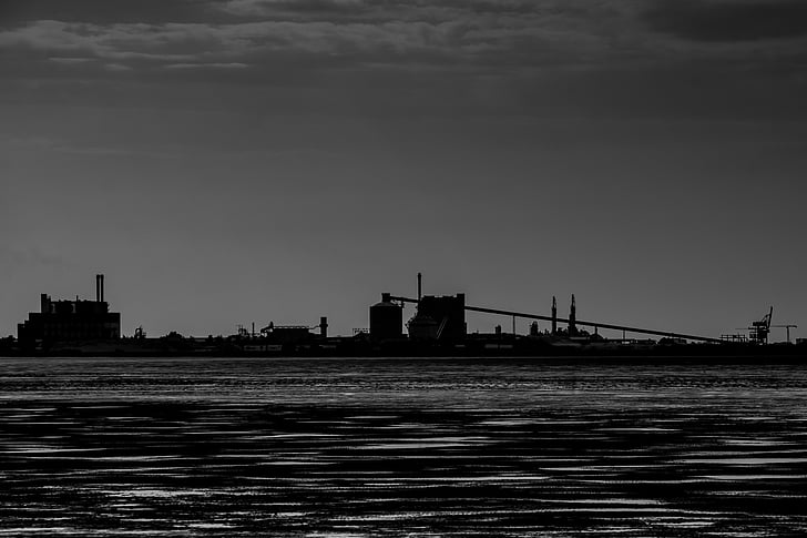 industrial, buildings, harbor, water, dark, sky, architecture