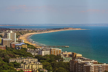 Bournemouth, mer, plage, paysage urbain, littoral, été