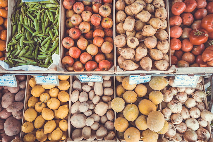caixes, colors, aliments, fruites i verdures estand, queviures, ingredients, mercat