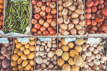 boxes, colours, food, fruit and vegetable stand, grocery, ingredients, market