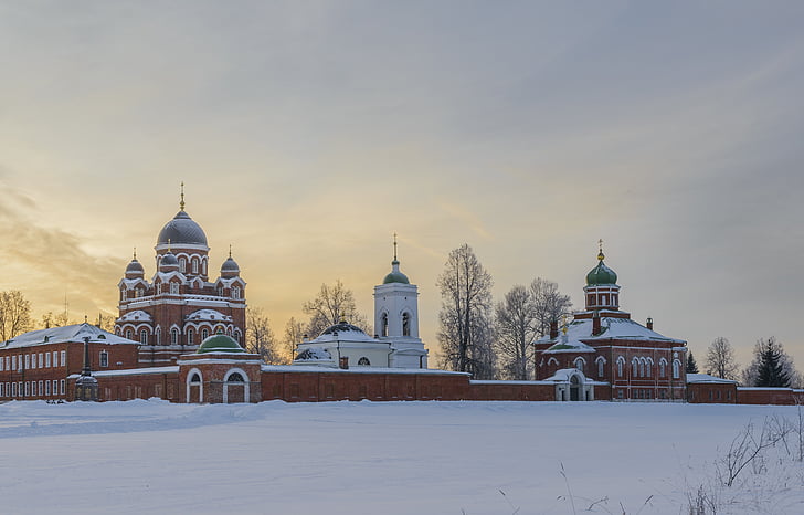 biara, Borodino, pemandangan, musim dingin, matahari terbenam, desa, alam