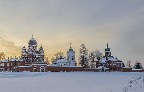 samostan, Borodino, krajine, pozimi, sončni zahod, vasi, narave
