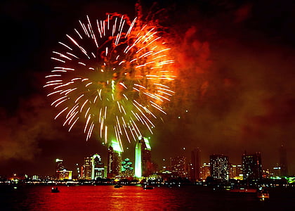 vuurwerk, skyline, San diego, silhouet, viering, patriottisme, haven