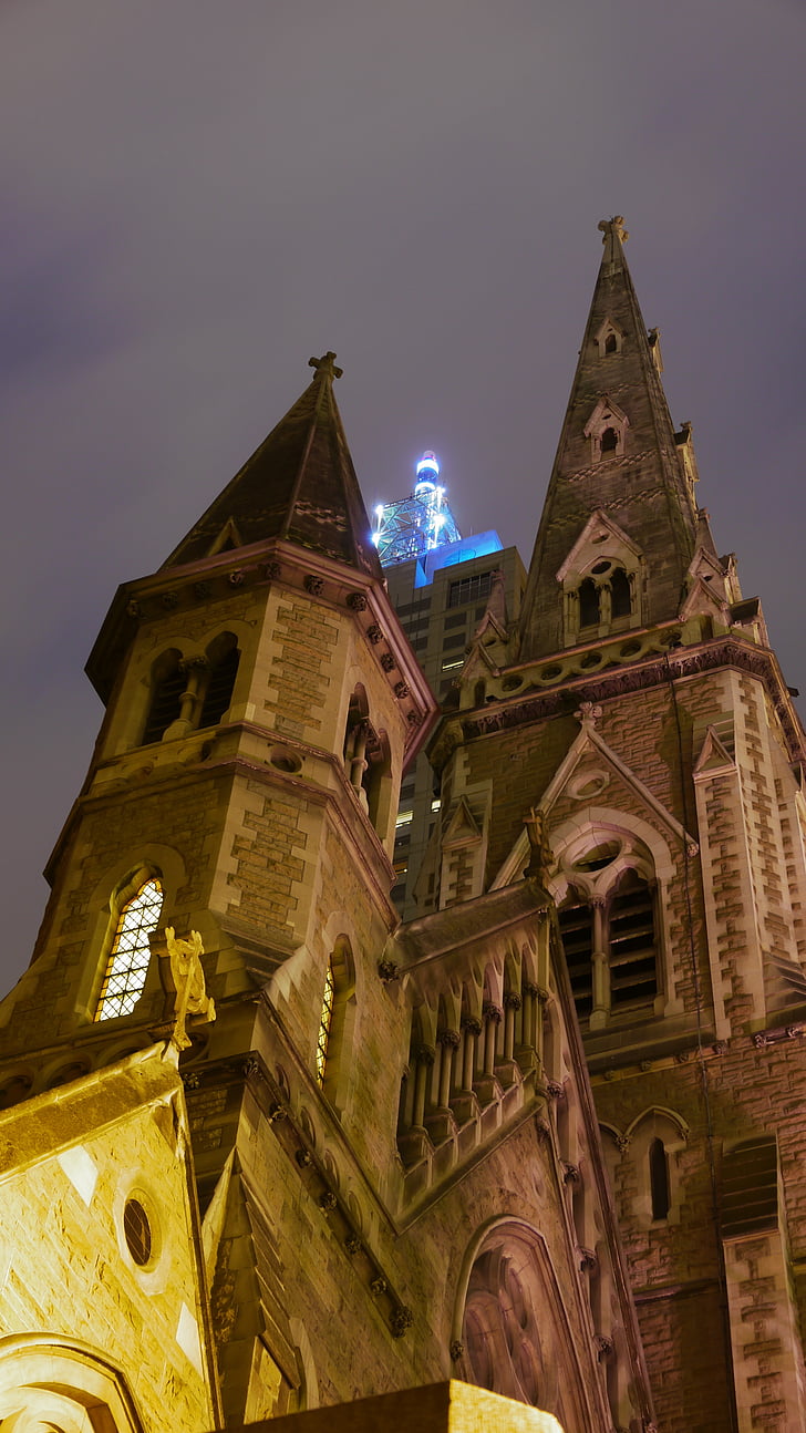 templom, éjszaka, Melbourne-ben, székesegyház, építészet, torony, gótikus stílusban