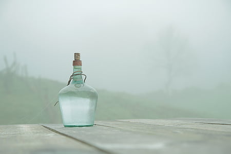 bottle, table, fog, wooden table, cobweb, calm, soledad