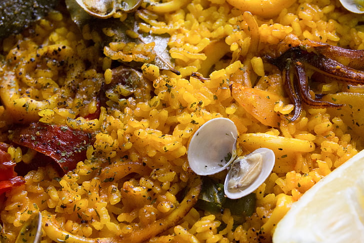 Paella, arroz, almejas, alimentos, pescados y mariscos, comida española, Mediterráneo