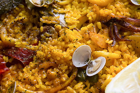 paella, ris, muslinger, mat, sjømat, spansk mat, Middelhavet