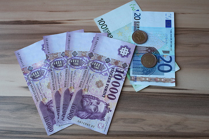 HUF, euro, penge, regninger, papirpenge, mønter