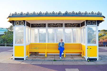 lavica, Autobusová zastávka, žltá, ľudia, Sky, Sunny, Portsmouth
