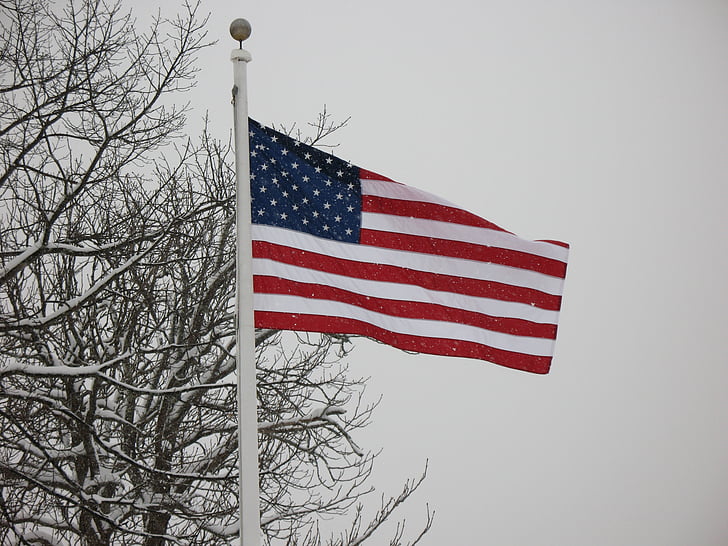 american flag, winter, snow, storm, patriotic, usa, cold