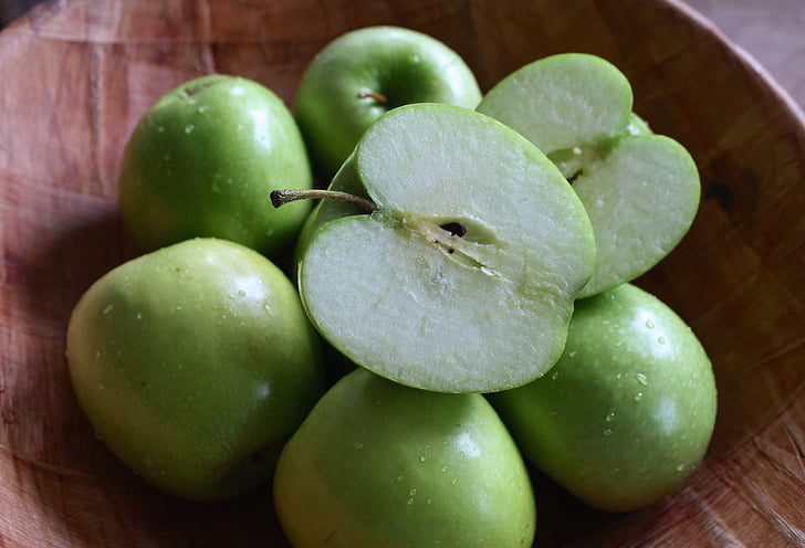 bowl gỗ, táo xanh, màu xanh lá cây, tự chế, Bàn, chế độ ăn uống, thực vật
