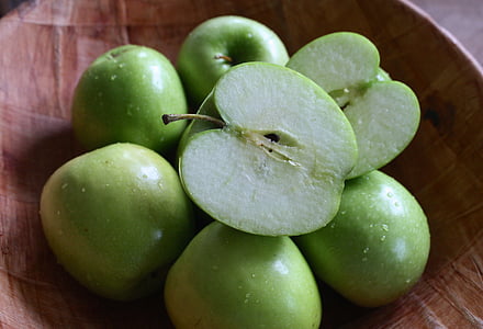 木製ボウル, 緑のリンゴ, グリーン, 自家製, テーブル, ダイエット, 野菜
