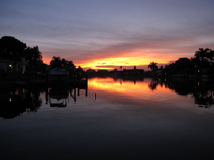 Florida, Cape coral, kanał, zachód słońca
