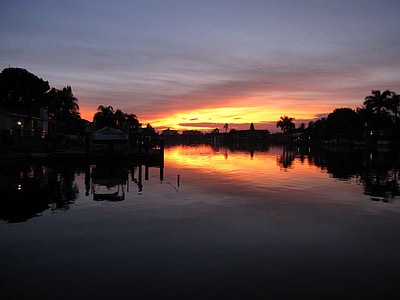Florida, Cape coral, kanaal, zonsondergang