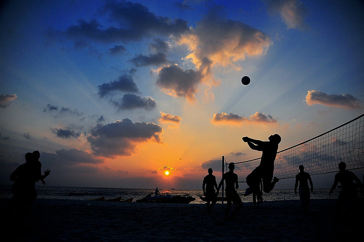 Volleyball, Spiel, Strand, Sonnenuntergang, Silhouetten, Freizeit, Erholung