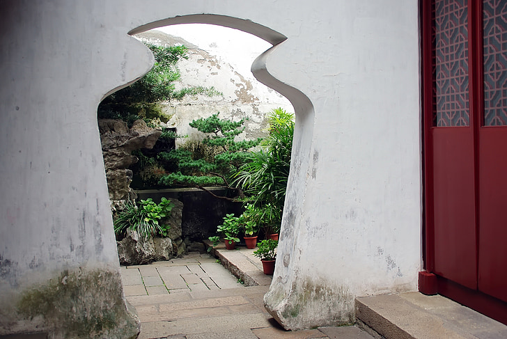 China, Suzhou, porta, arquitetura, porta-vaso, jardim, Bonsai