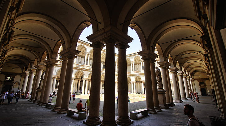 brera, milan, museum, arches, revival, pillars, patio