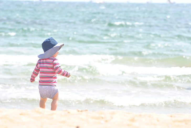 child, beach, baby, kid, sea, landscape, blue