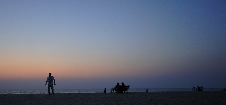 silueta, pláž, Západ slunce, Indie