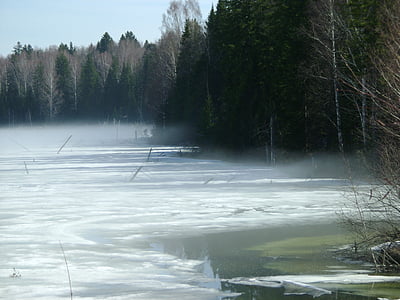 tó, köd, olvadás