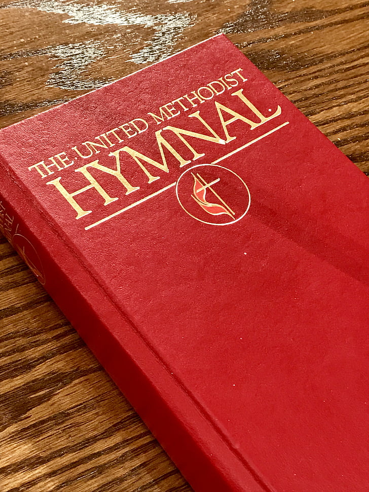 bok, röd, omslaget, psalmboken, kyrkan, UMC, Methodist