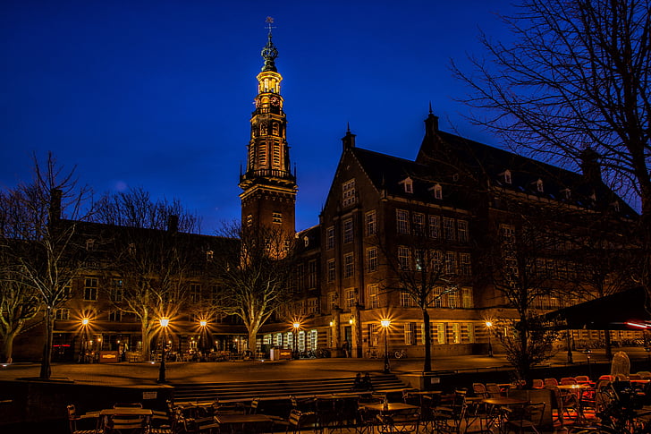trpieť mesto, Holandsko, modrá s, noc, Architektúra, osvetlené, slávne miesto