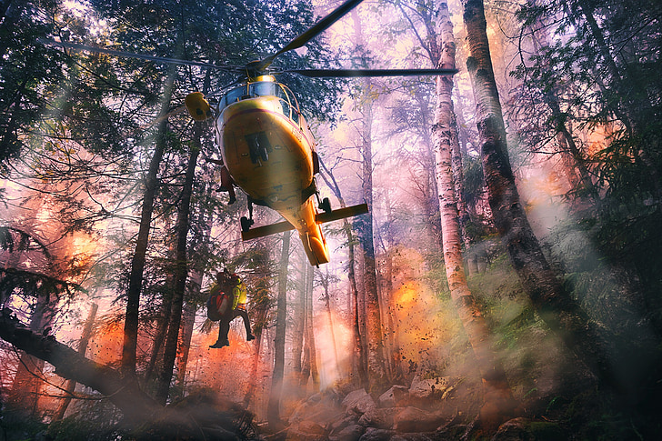 helikopters, palīgā, pirmās palīdzības, kalnu glābšanas, muša, rotors, abseiling
