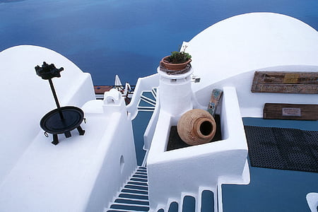 Santorini, øya, landsbyen, huset, taket, sjøen, hav