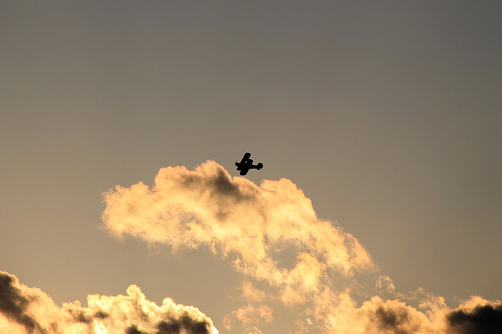 biplan, Flying, silhouette, spectacle aérien, hélice, avion, nuages