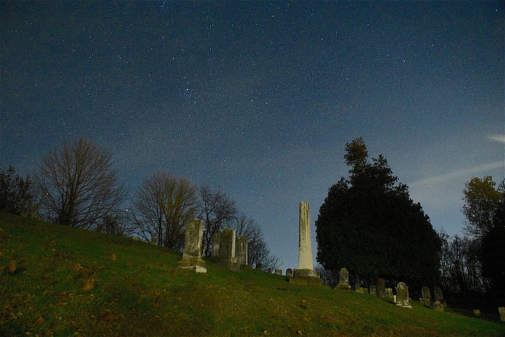cemetery, night, stars, dark, peaceful, sky, space