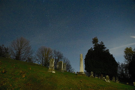 kirkegården, natt, stjerner, mørk, fredelig, himmelen, plass