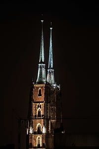 Architektura, budynek, ciemne, światła, noc, Kościół, styl gotycki
