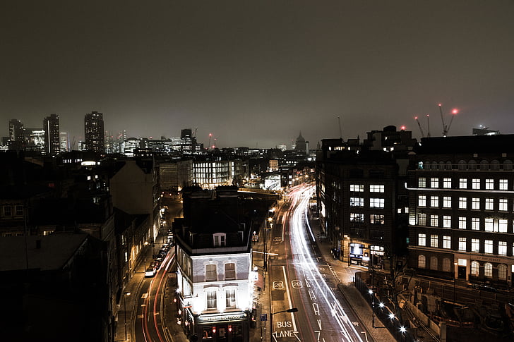 въздушна, изглед, градски пейзаж, през нощта, сграда, град, архитектура на сградата
