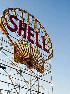 yellow, red, shell, billboard, signage, daytime, gas