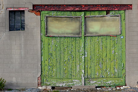 Portuària, verd, façana, finestra, vell, porta, fusta - material