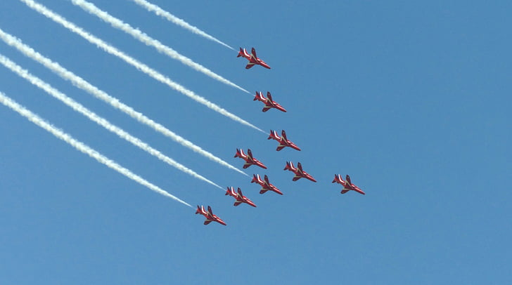 air plane, red arrows, flying, aviation, jet, plane, stunt