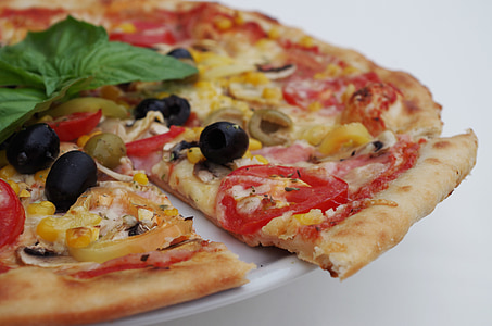 Pizza, basilicum, olijven, maaltijd, odkrojená, kaas, voedsel